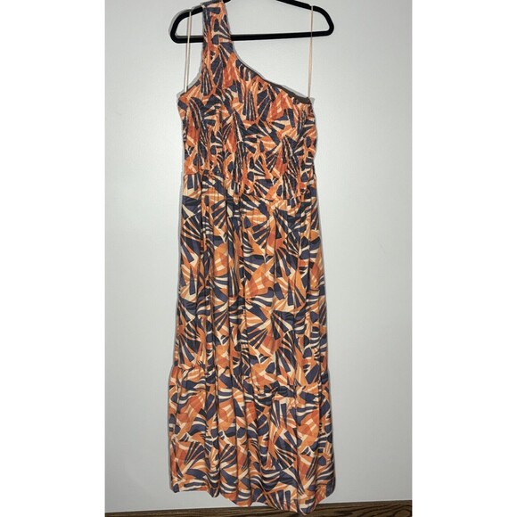 Nine West Smocked Maxi Dress 3X Tiered Ruffle Hem One Shoulder Colorful Boho - Picture 3 of 13